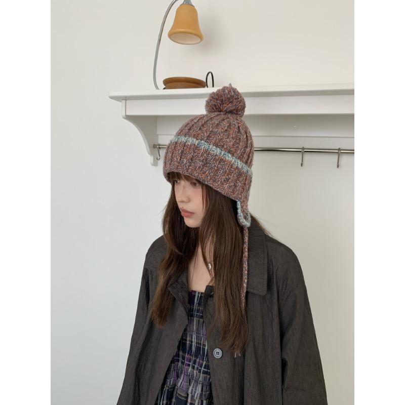 Fashion Knit Hat With Ear Flaps Tie Pom Pom Warm Winter Hat