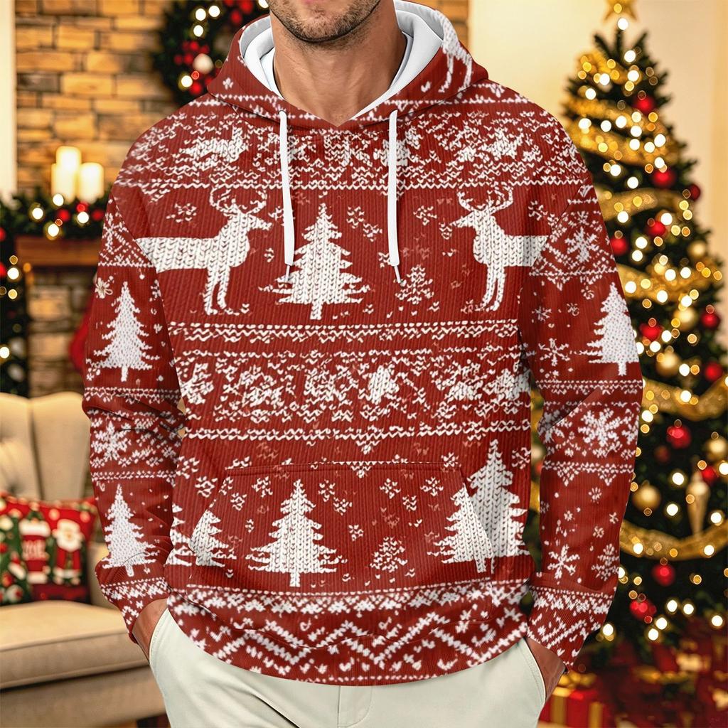 Men's Long Sleeve Christmas Print Pullover Hoodie for Holiday Party and Everyday Wear