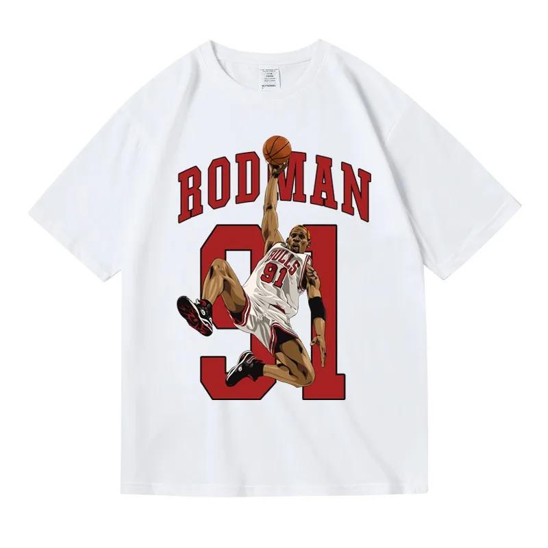 American Street Style Basketball Rodman Printed Shortsleeved Loose Roundneck Pure Cotton Summer Tshirt for Men and Kids Bf