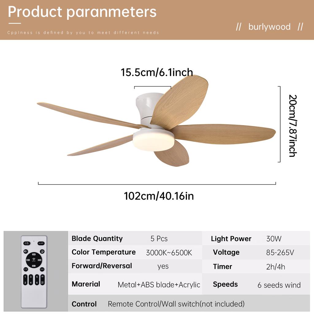 Ceiling Fan with Light 3 Colors, 6 Speeds, Timing, Ceiling Fan with Remote Control 5 Blades for Kitchen Bedroom Dining Room