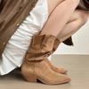 Women's Boots Luxury Suede Leather Casual Boots Fashion Pointed Toe Mid-calf Boots Thick Heeled Western Cowboy Boot Botas Mujer