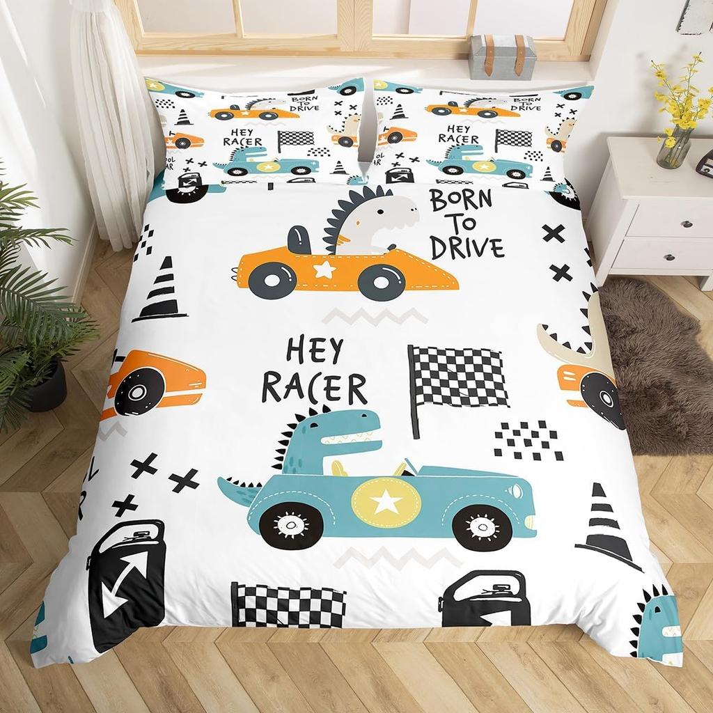 Dinosaur Duvet Cover Set Queen Twin Size,3Pcs Cartoon Dino Print Bedding Set for Kids Boys Room,Soft Microfiber Comforter Cover