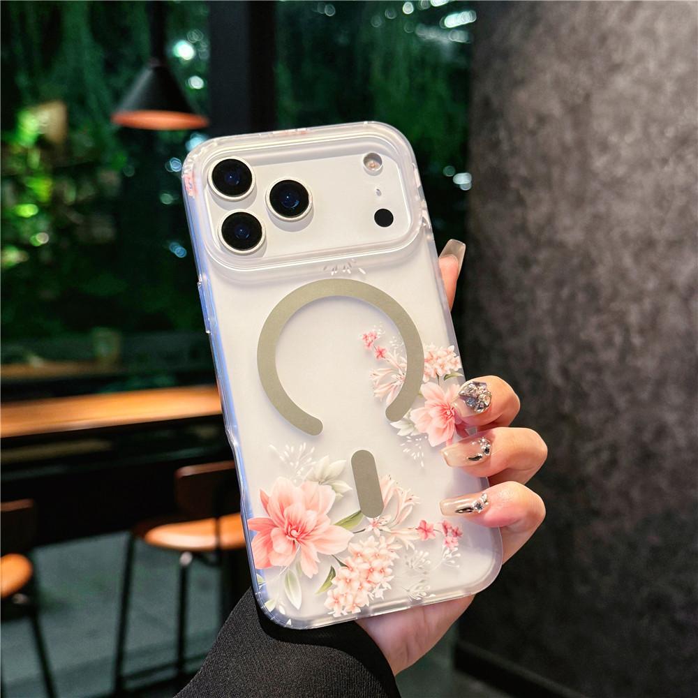 Suitable for iPhone 17 Promax Phone Case, Apple 17 Matte Skin Texture Flower 17 Pro Semi Transparent Magnetic Suction Case