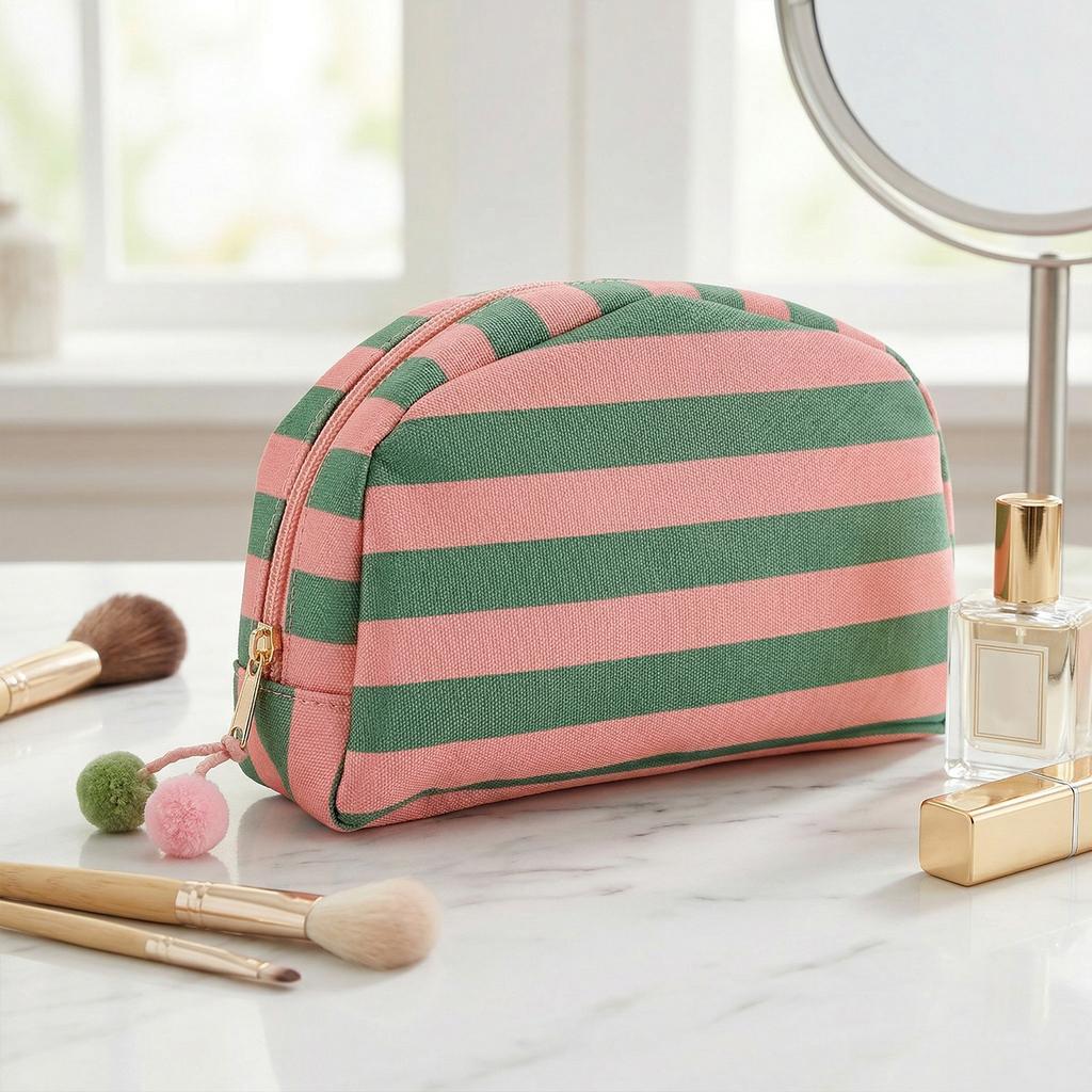 Stylish Fringed Stripe Cosmetic Bag Nylon Bridesmaid Holiday Essentials Pouch with Cute Color Ball Gift for Family & Friends