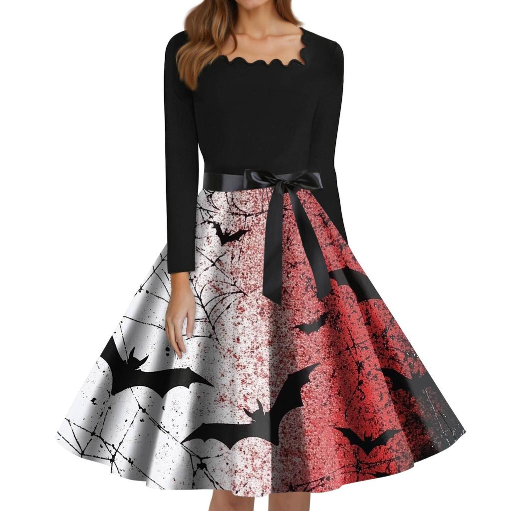 Women's Fashion Square Neck Casual Slim Halloween Printed Long Sleeve Dresses