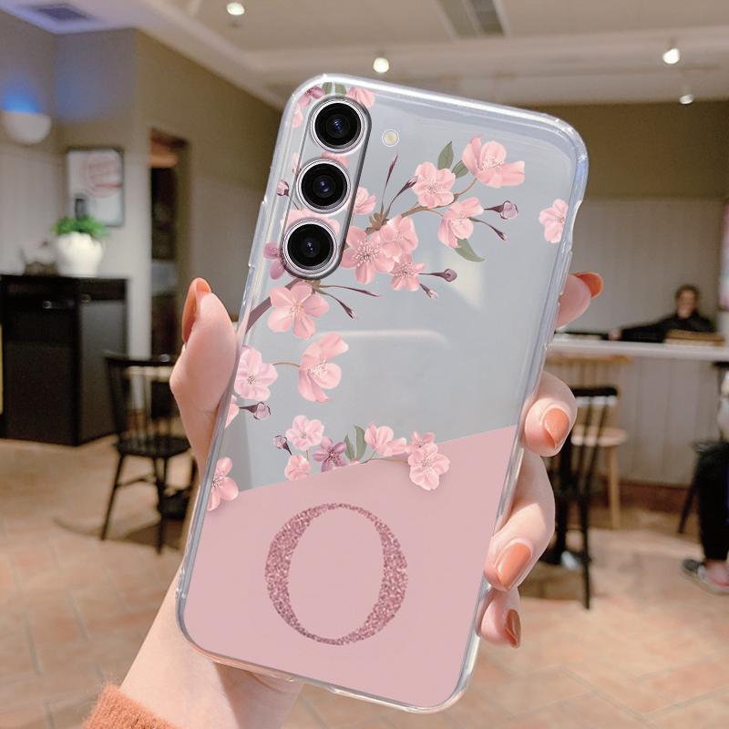 For Samsung Galaxy A25 A14 A24 A34 A54 A15 A56 A06 A17 Phone Case Cover Letter A Z Pink Flowers Clear Soft Back TPU Fundas Shell