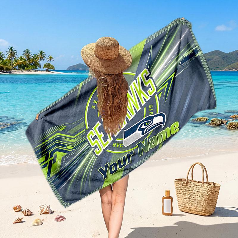 Seattle Seahawks Customized Name Text Beach Towel, Soft Absorbent Towel Beach Pool Travel Personal Gift