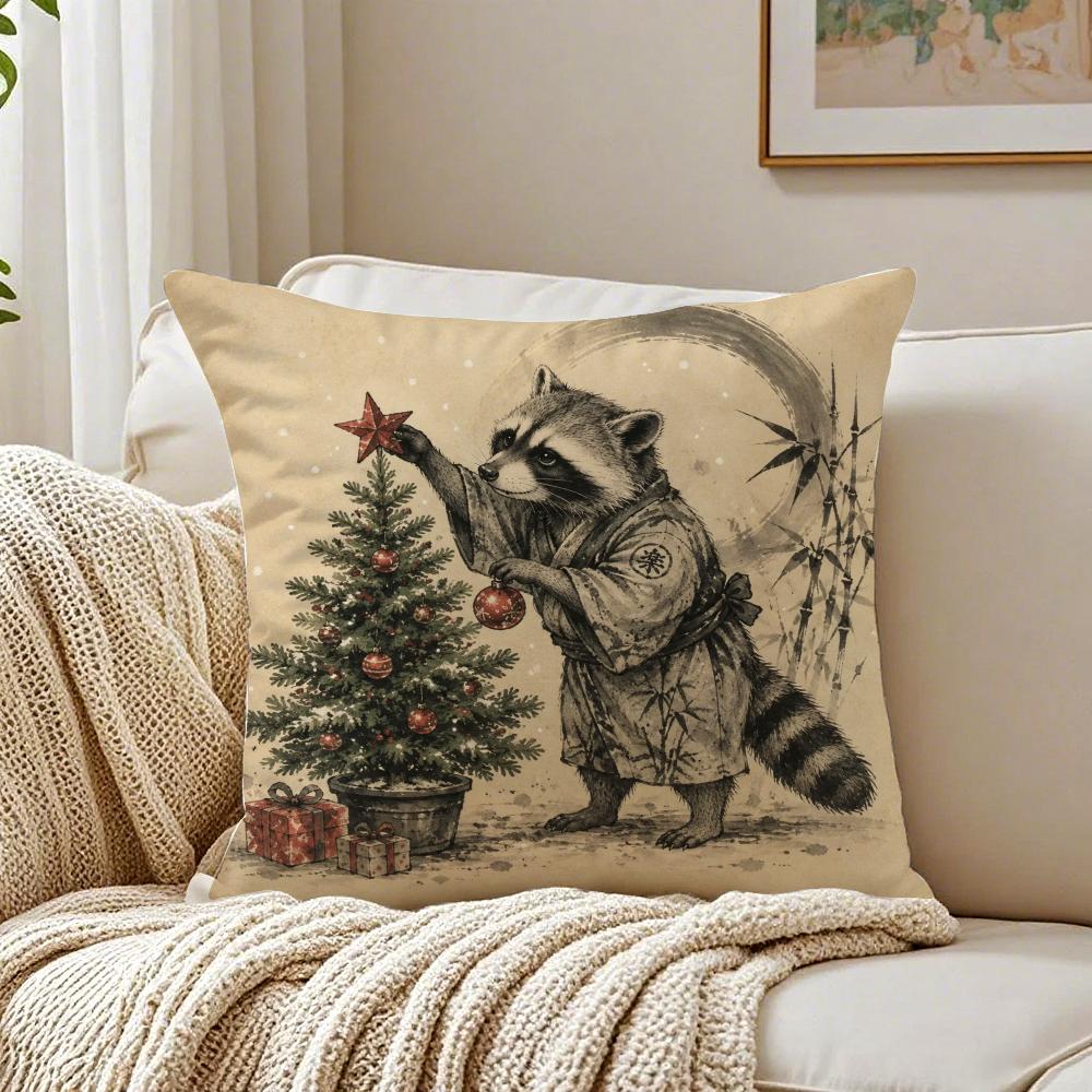 Japanese Raccoon Ramen Cushion Cover Breathable Short Plush Pillow Case Machine Washable Wrinkle-Resistant Soft Durable