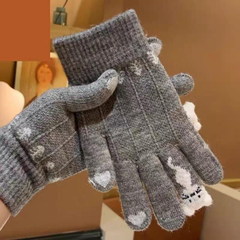 Kitty Pattern Winter Thermal Gloves Stretchy Full Finger Gloves  Outdoor