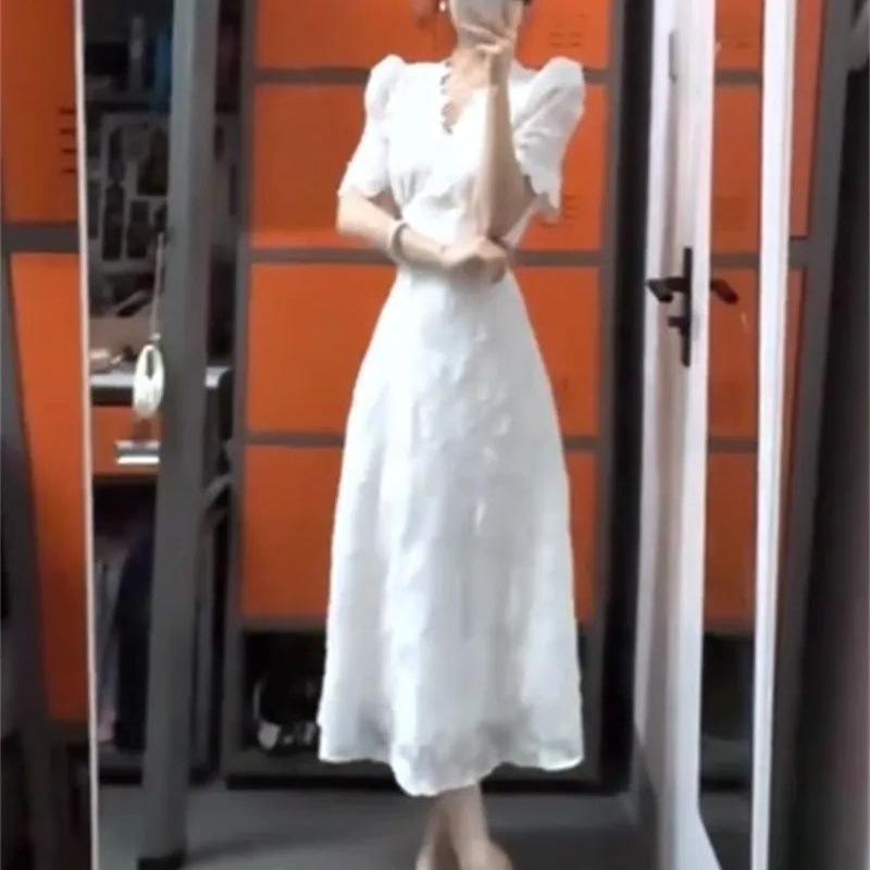 French Summer Women's Puff Sleeve Slimming Dress with Lace Skirt
