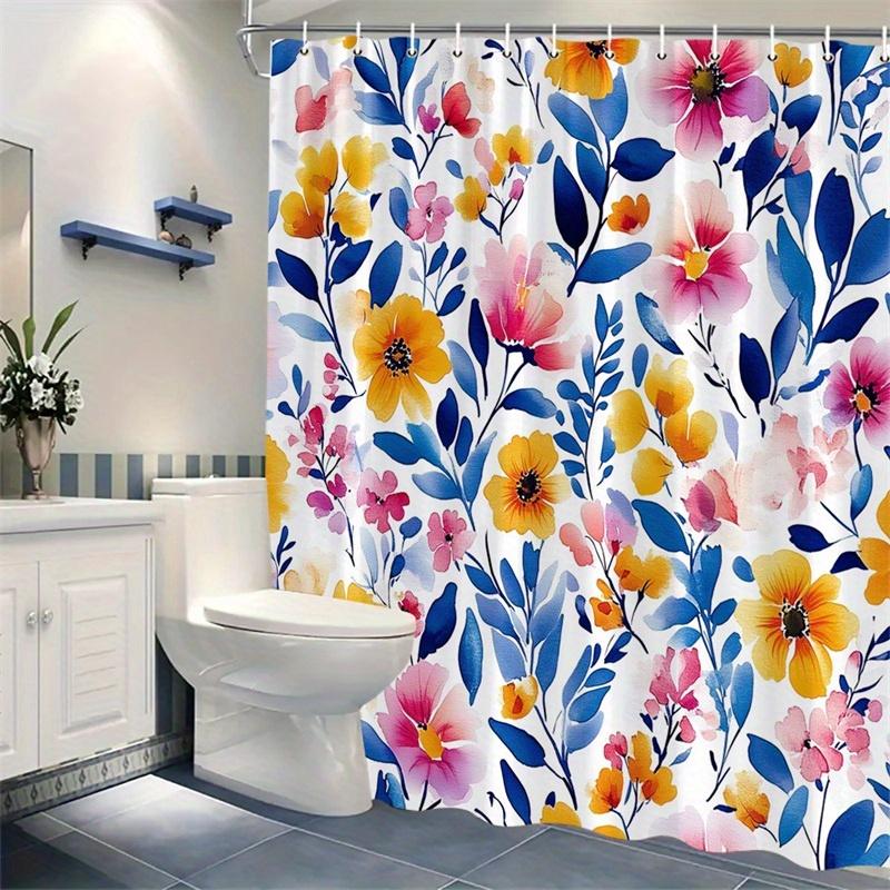 1 piece blue leaves and pink shower curtain, polyester fabric, machine washable, suitable for bathroom decoration