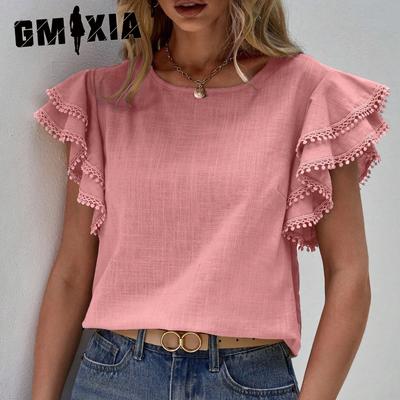 T-shirt d'été décontracté à col rond pour femmes, ample, à manches courtes, avec motif feuille de lotus