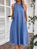 Women's Round Neck Sleeveless Midi Dress Loose Fit High Waist Casual A-Line Dress With Pockets