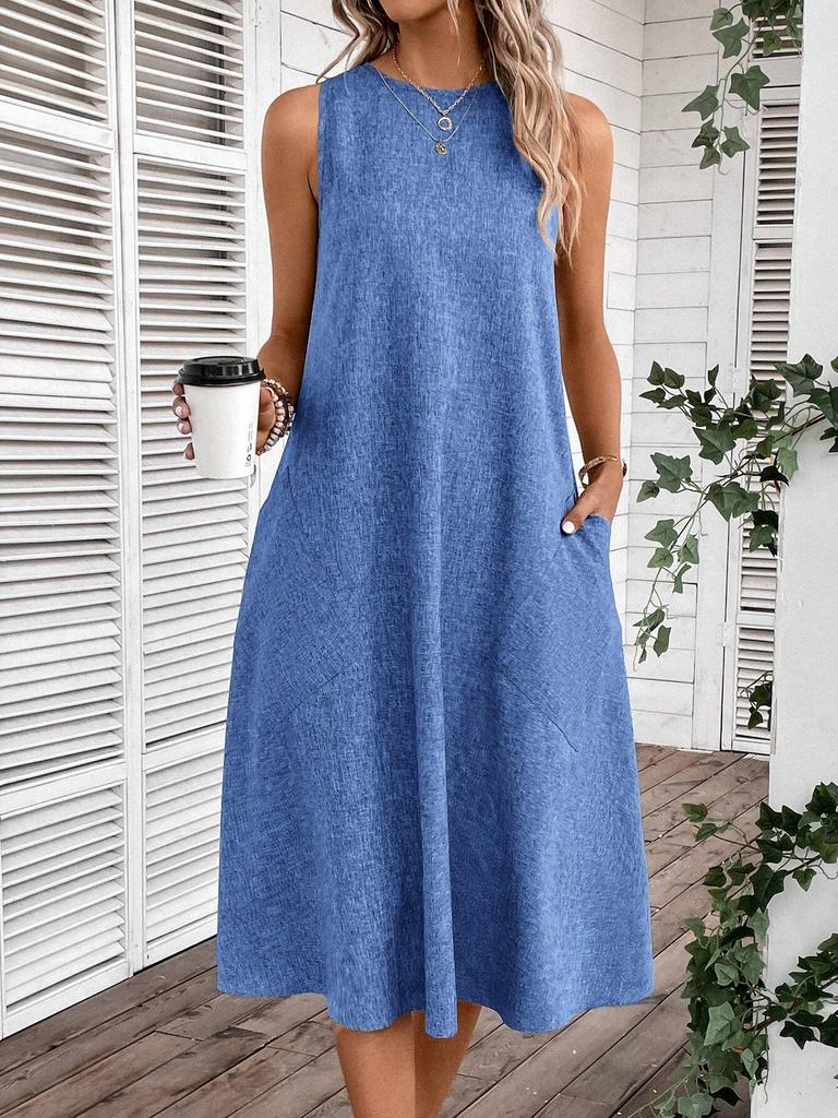 Women's Round Neck Sleeveless Midi Dress Loose Fit High Waist Casual A-Line Dress With Pockets