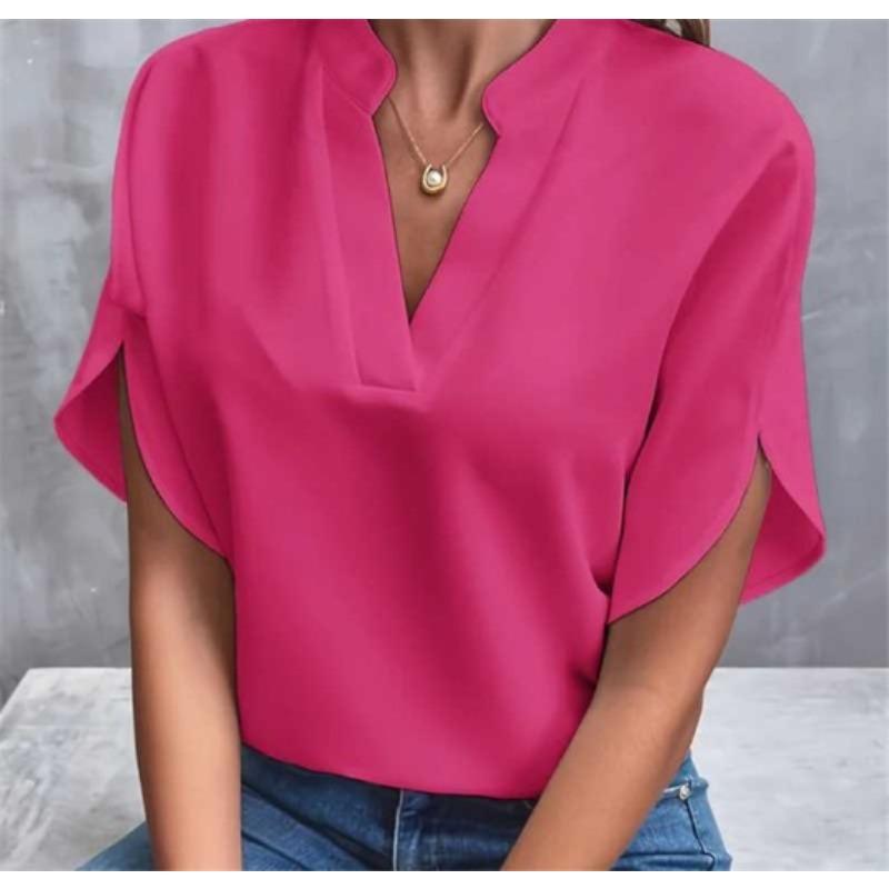 

Summer New V-Neck Shirt Women s Solid Color Casual Versatile Short Sleeve Pullover XXL рожевий червоний колір