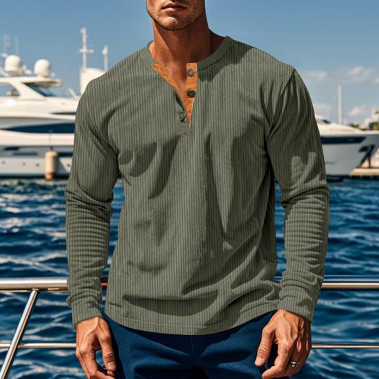 Men Long Sleeve T-Shirt Corduroy Solid Color Spring And Autumn T-Shirt Casual Henry Collar Slim Fit Tee for Daily Wear Travel Office