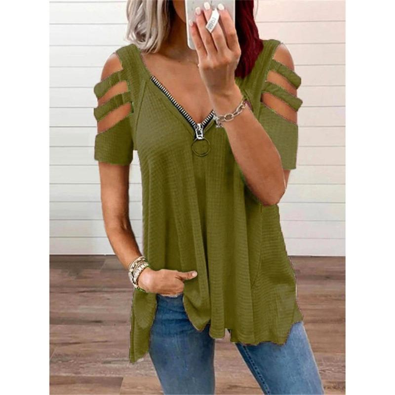 BITCED Women's Fashion Casual Solid Color Print Short Sleeve V Neck Blouses & Shirts