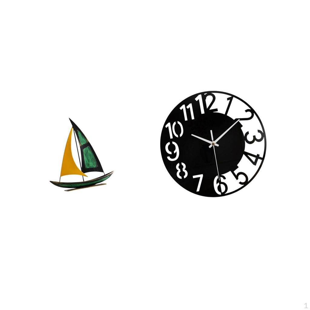 Iron Sailboat Acrylic Wall Clock Sculpture Tabletop Ornament Feng Shui Decor Collection Silent Easy