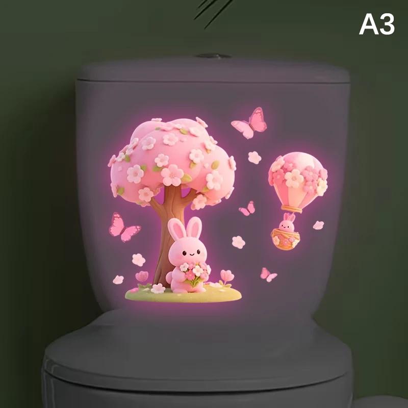 Glow-in-the-Dark Flower Rabbit Toilet Lid Decal Self-Adhesive Removable Toilet Sticker Wall Sticker Home Bathroom Decor
