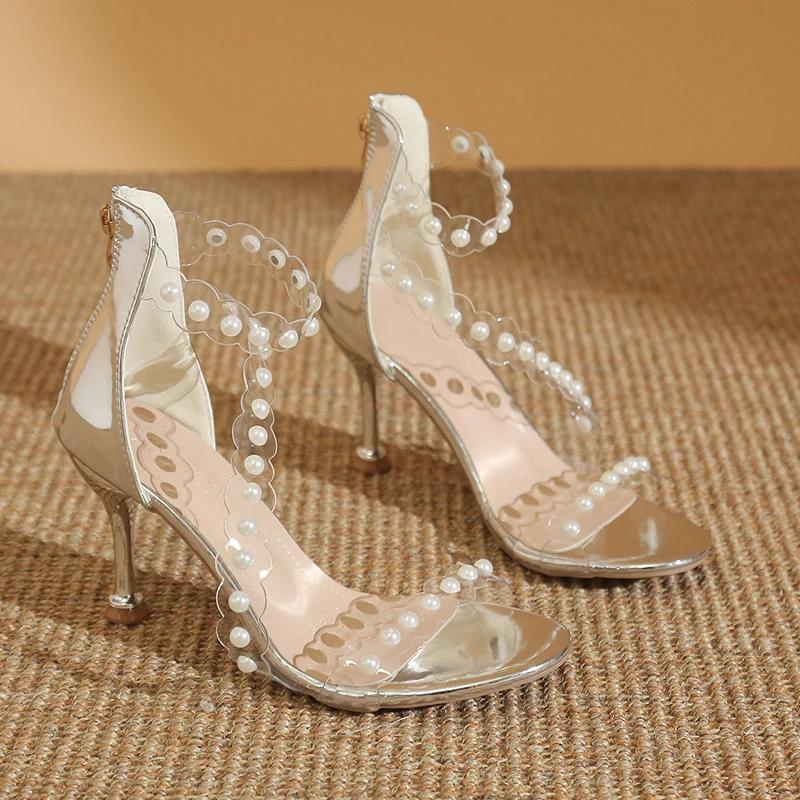 Fashion 2024 New  Summer High Heeled Sandals Women's Stiletto Pearl Strap Women's Shoes Transparent Open Toe High Heels