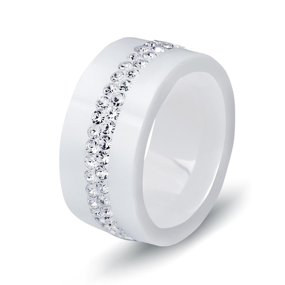 Stylish Ceramic Black and White Two-Row Diamond Ring, 10MM
