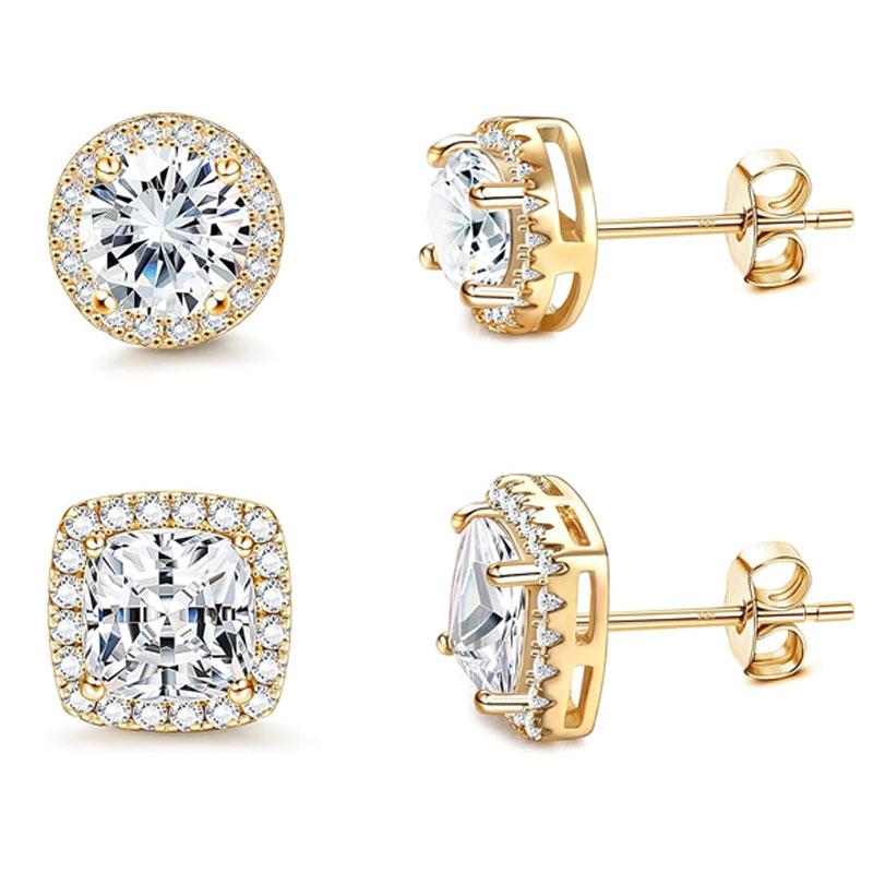 4 pair Stud Earrings for Women Men Gold Plated Hypoallergenic Silver Post Earrings Big Brilliant Simulated Diamond
