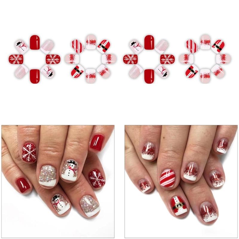 48Pcs Holiday Themed Snowman Snowflake Press On Nails Stick On Nail False Nail for Christmas Gatherings and Event