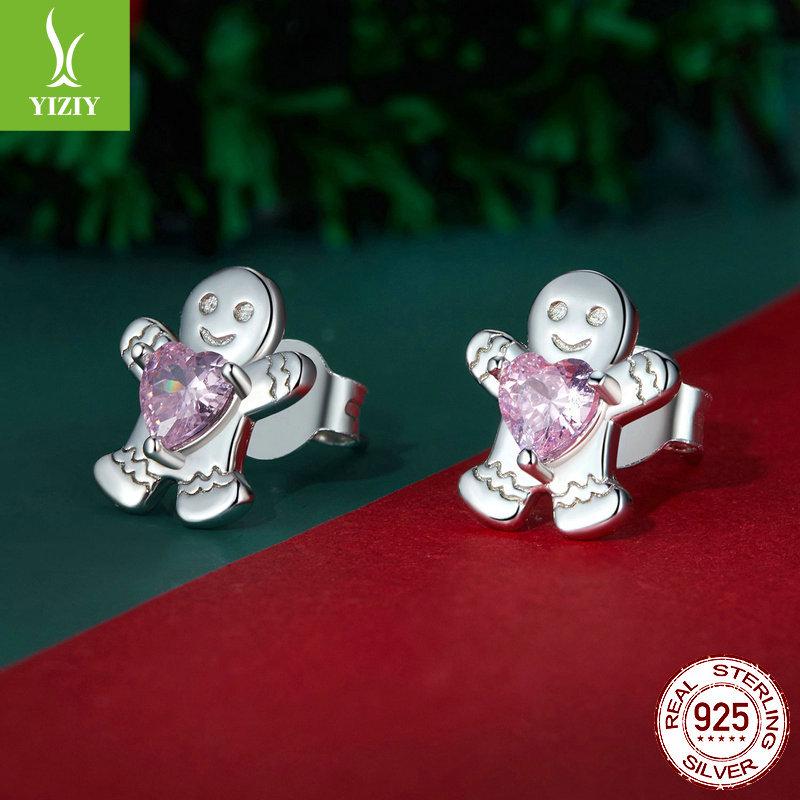 Yinziyun Gingerbread Man and Pink Heart Zircon S925 Sterling Silver Stud Earrings for Women