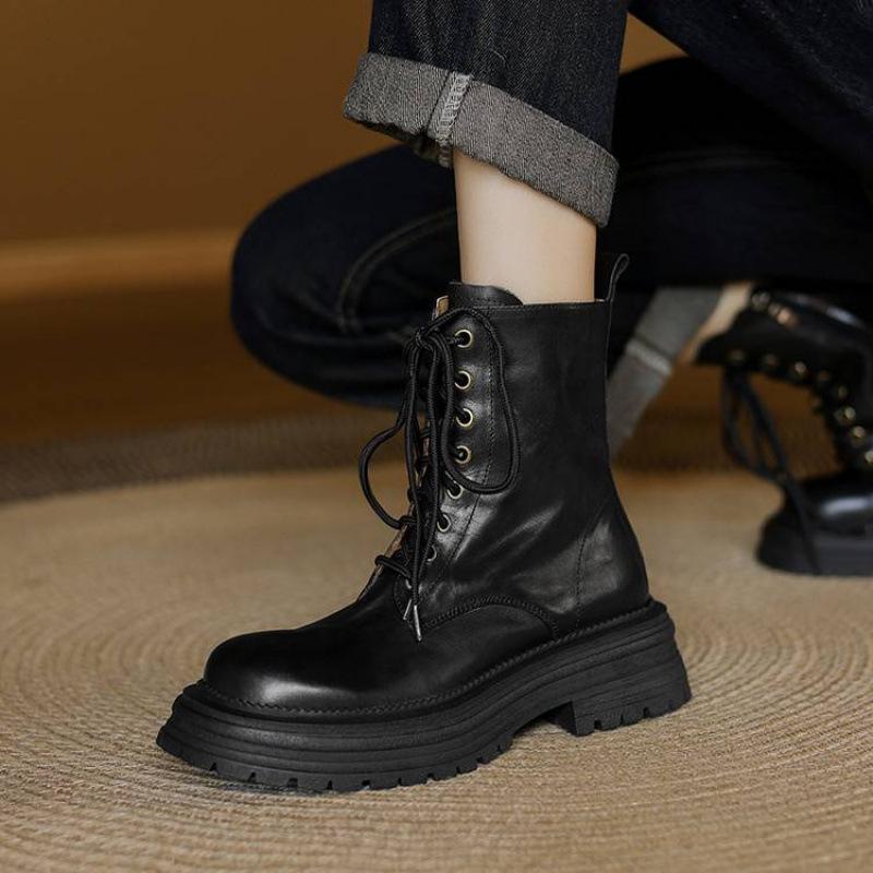 Neue runde Zehenpartie mittlerer Absatz große Größe Ritterstiefel Leder bequem dicksohlige Schnürstiefel Damen Herbst und Winter Rindsleder mittelhohe Stiefel Damen