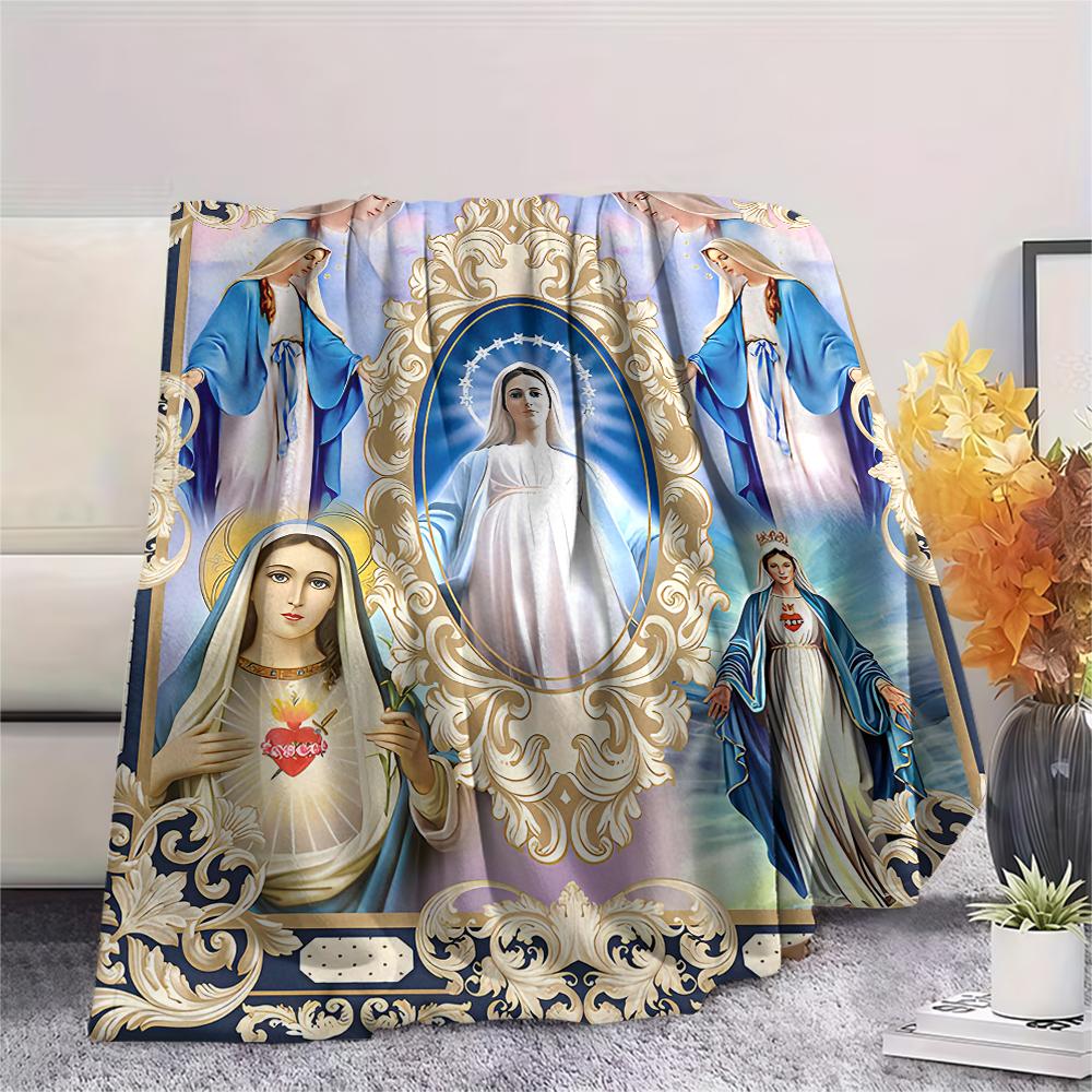 1Pc Virgin Mary Print Flannel Blanket, High quality Comfortable for All Seasons, Home Decor, Warmth and Comfort, Perfect for Christmas Gifts