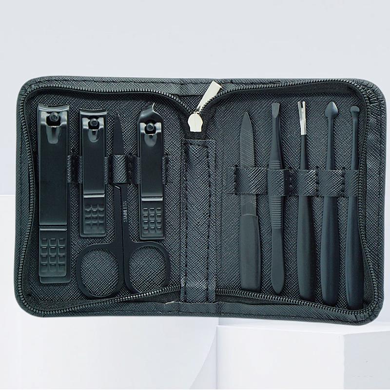 Stainless Steel 9-Piece Manicure & Pedicure Set with Tweezers and Nail Clippers In Black.