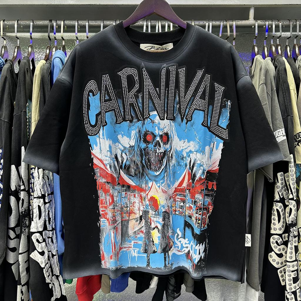 2026 Sommer Herren Oversize T-Shirt, Horror Karneval Totenkopf Print Dunkles Street Kurzarm T-Shirt Mit Strass Buchstaben