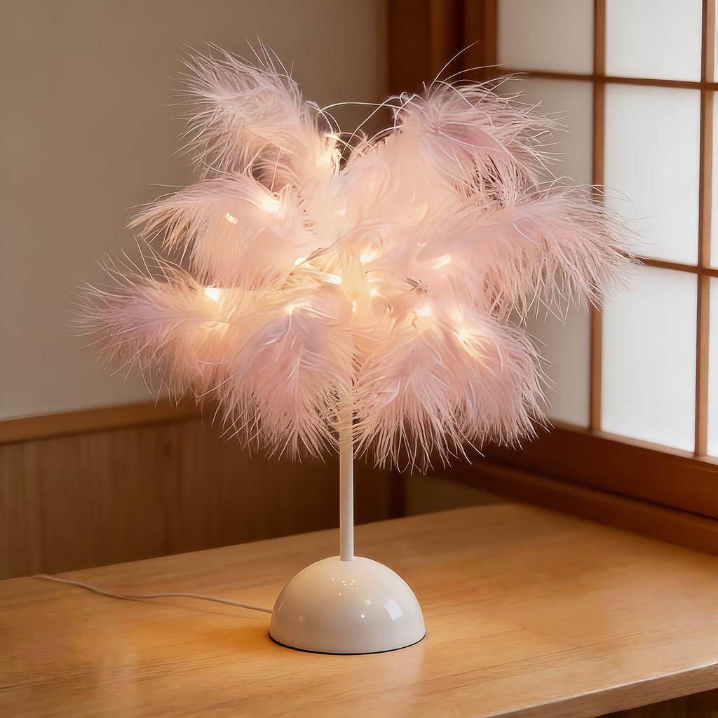 1PC Indoor Fairy Table Lamp, Pink Artificial Feather Lamp, Battery Powered, Romantic Fairy Tale Lamp, Bedroom and Living Room Decoration