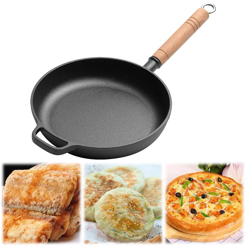 Cast Iron Nonstick Pre-Seasoned Skillet Portable Camping Outdoor Skillet with Wood Handle Mini Frying Oil Drizzling Small Pot