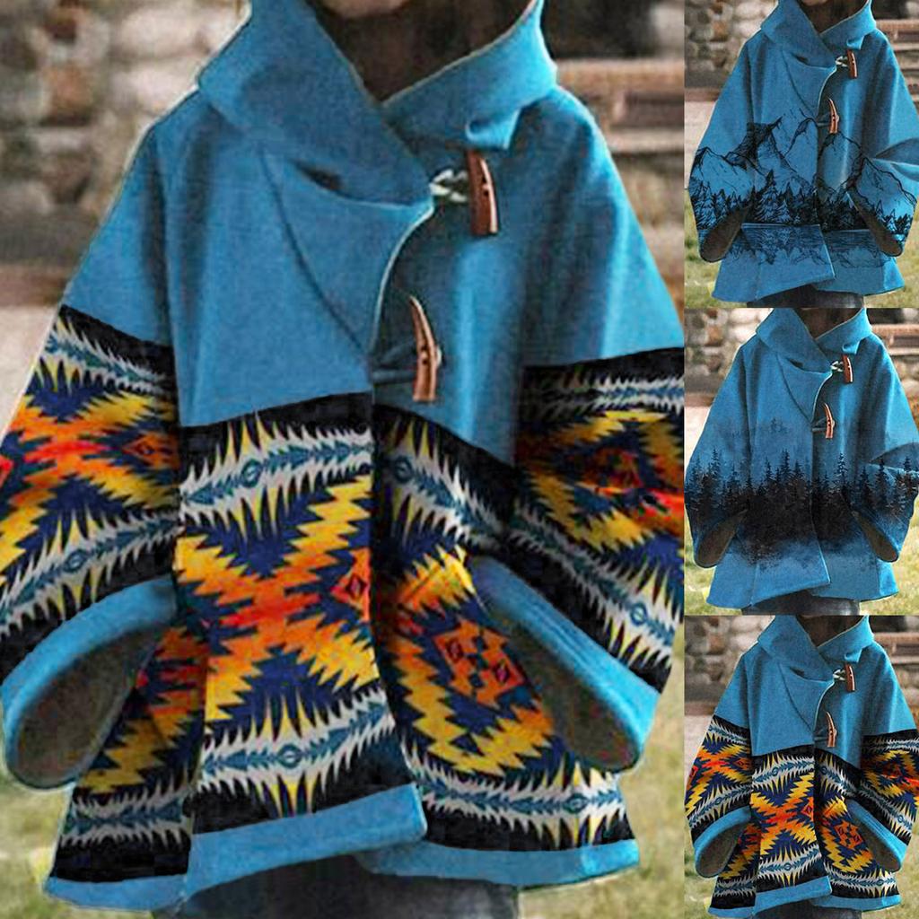 Women's  Winter Loose Horn Buckle Travel Style Cloak Coat
