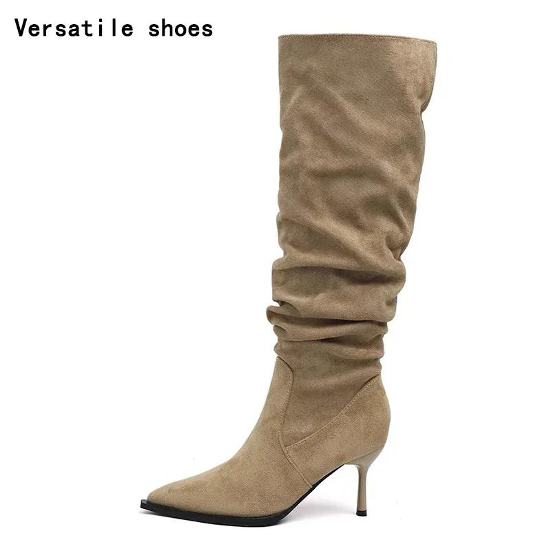 Vintage Pleated Women Knee High Boots Fashion Pointed Toe High Heels Shoes Autumn Winter Ladies Sexy Long Botas De Mujer