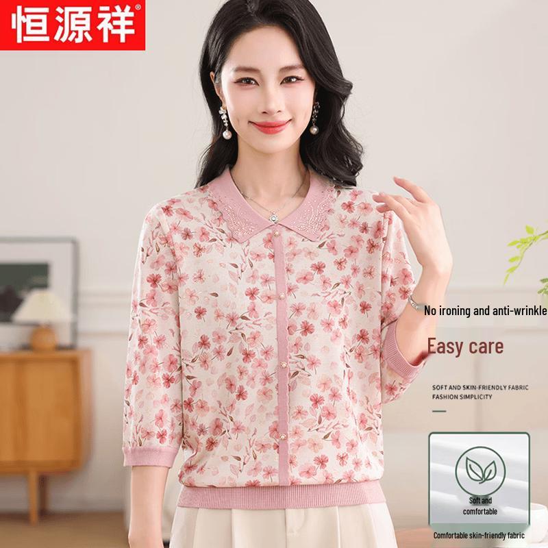 Hengyuanxiang Women s Floral Print 3/4 Sleeve Top 5XL