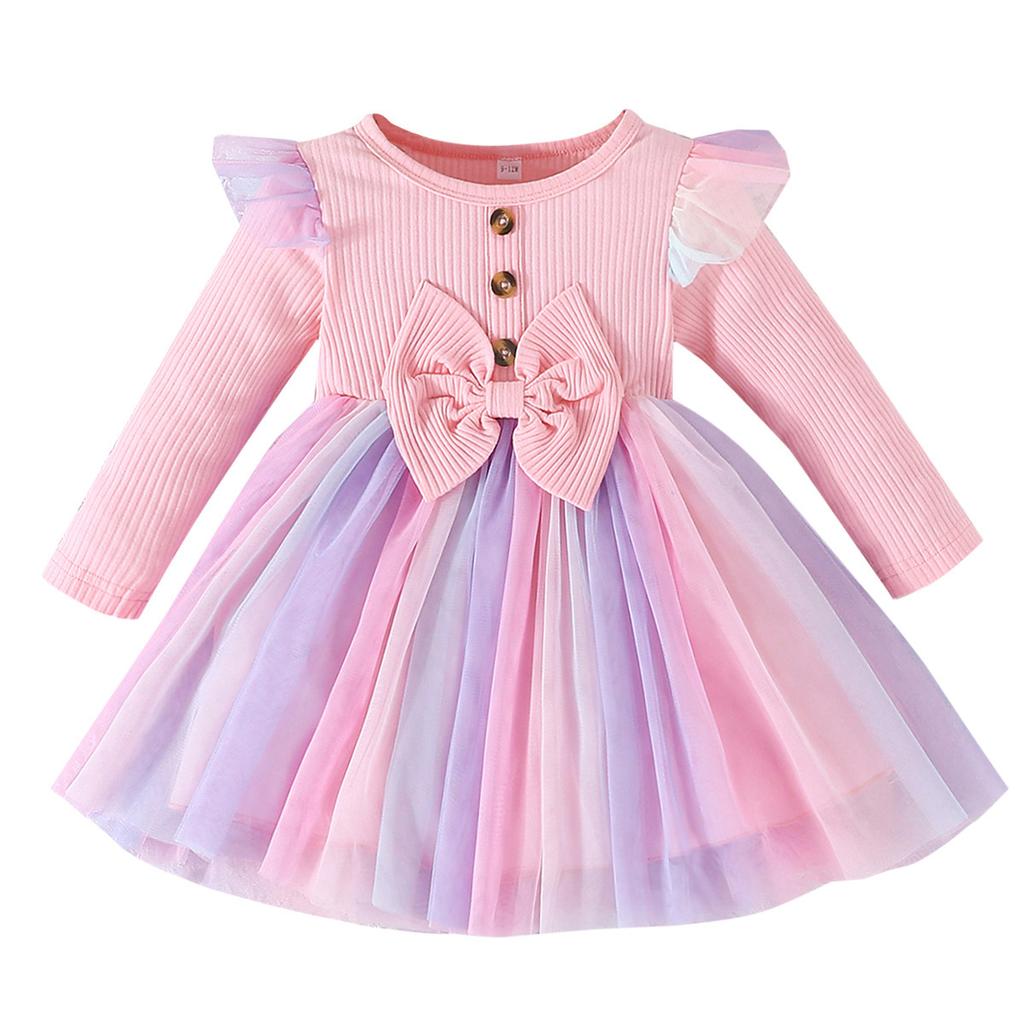 Spring and Autumn New Ribbed Long Sleeve Dress Fashionable Sweet Bow Mesh Princess Dress