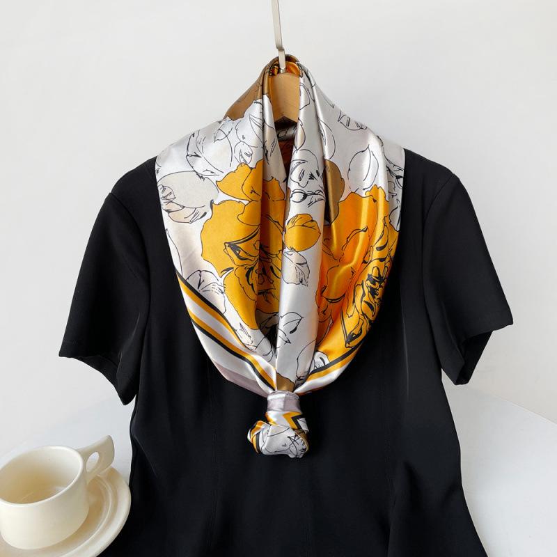 

90 см шелковый шарф женский тюрбан-обертка новый шарф с цветочным принтом атласный большой квадратный шарф 90*90cm