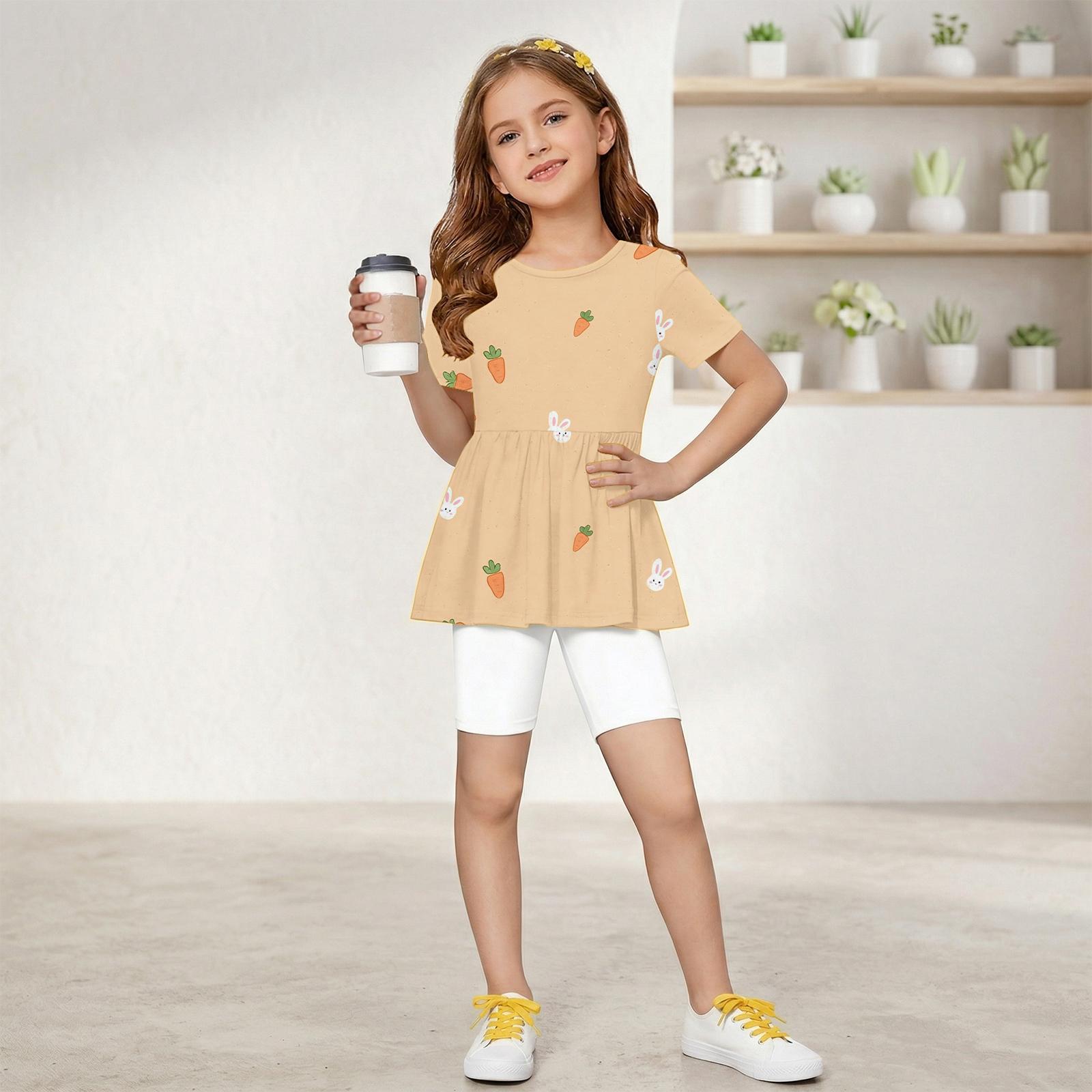 

Fashionable girls summer set short sleeved ruffled hem top+shorts 100 темно-фиолетового