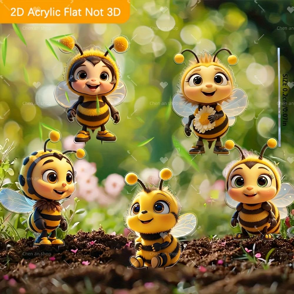 2D flat 5-delt sett Søt Bie Venn akryl hagedekorasjon for terrasser, plener og potteplanter - ideell feriegave