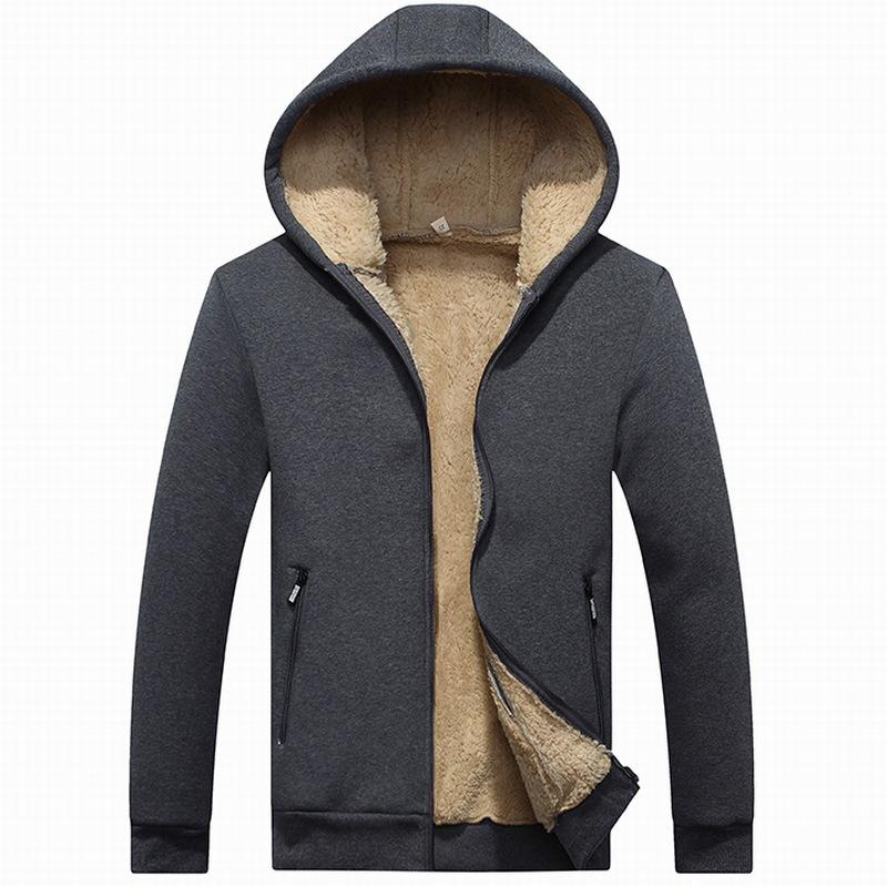 Winter Fleece-Lined Thickened Hoodie for Men Shearling-Lined Pure Cotton Cardigan Warm-Weather Outerwear Solid-Colour Hooded Fleece-Lined Sweatshirt