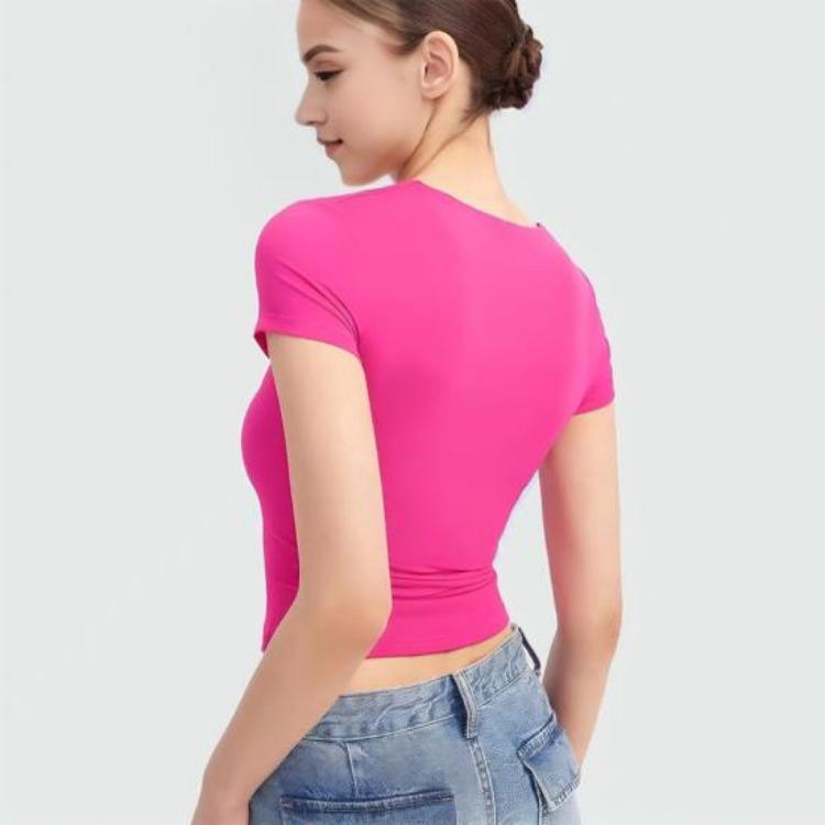 Summer Women T Shirt Streetwear Short Sleeve Square Collar Slim Fit Solid Color Pullover Top