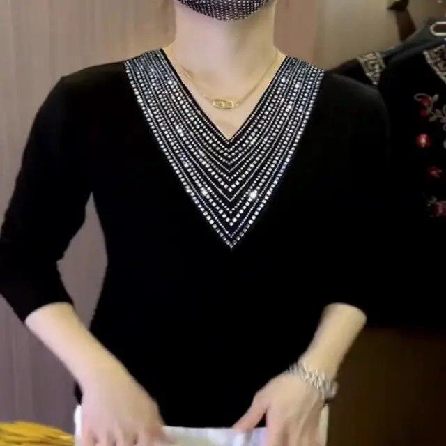 

Осенне-зимняя утолщенная теплая нижняя рубашка, женская футболка с длинными рукавами и v-образным вырезом, горячая бриллиантовая футболка, повседневный модный топ XL-6XL 4XL чёрный