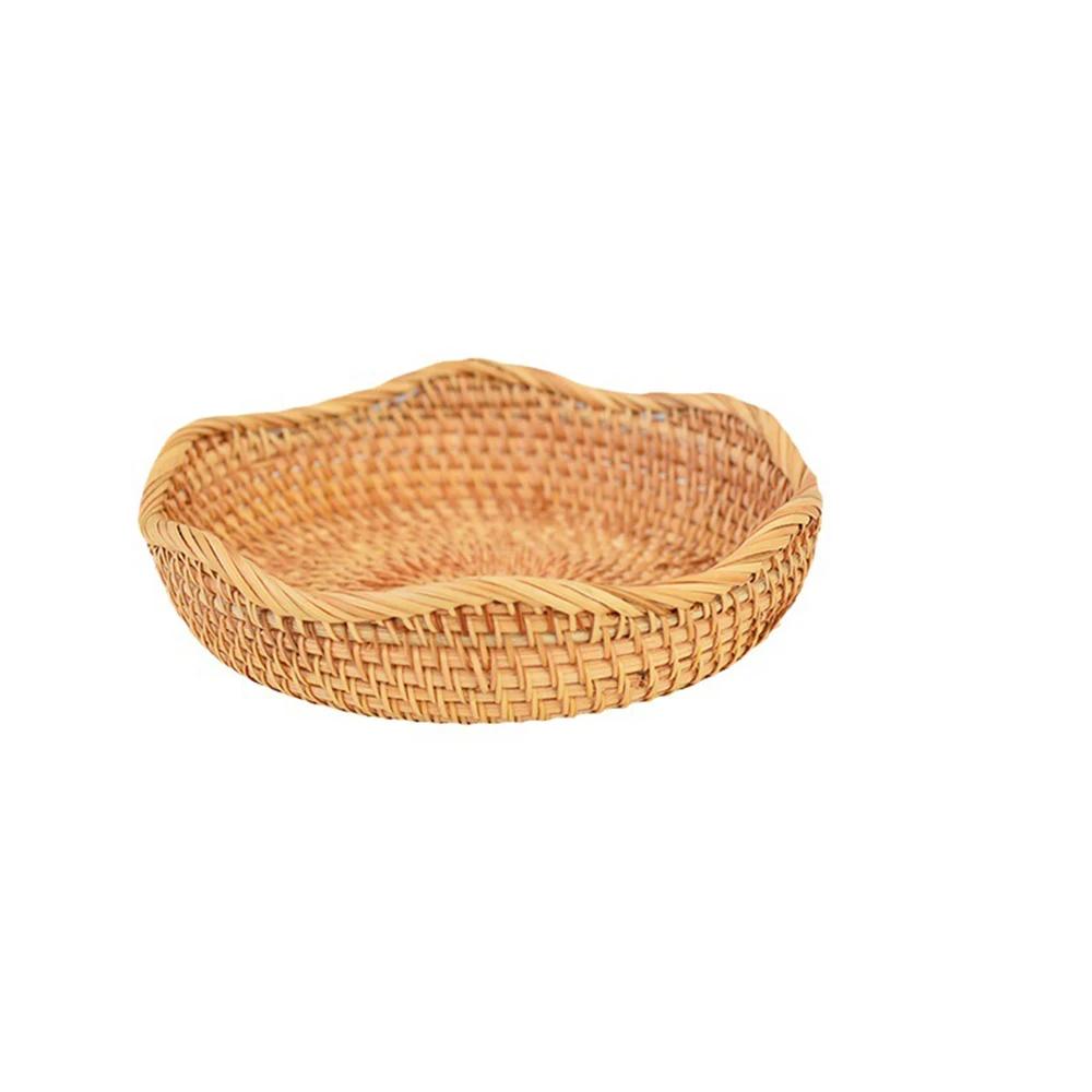 Rattan Woven Wicker Storage Tray Fruits Bread Baskets Handmade Crafts Tableware for Kitchen Countertop Decor Round Organizer