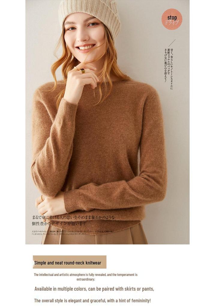 Women's 100% Pure Cashmere Round Neck Sweater - Seamless Long Sleeve Knit for Autumn/Winter