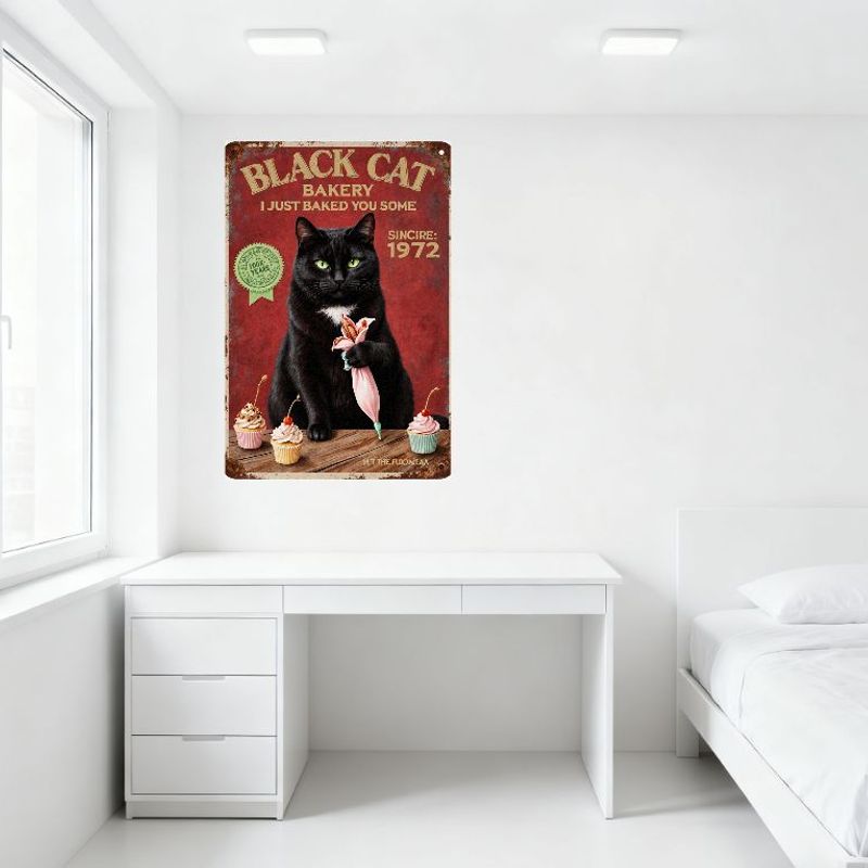 Vintage Black Cat Bakery Metal Sign Rusty Red Background I Just Baked You Some Sincere 1972 100 Years Fresh Baking Whimsical Wal
