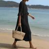 Vintage Hollow Out Lace Round Neck Midi Dress Women Cotton Linen Casual Loose Fit Half Sleeve Summer Dress