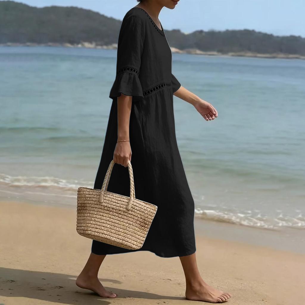Vintage Hollow Out Lace Round Neck Midi Dress Women Cotton Linen Casual Loose Fit Half Sleeve Summer Dress