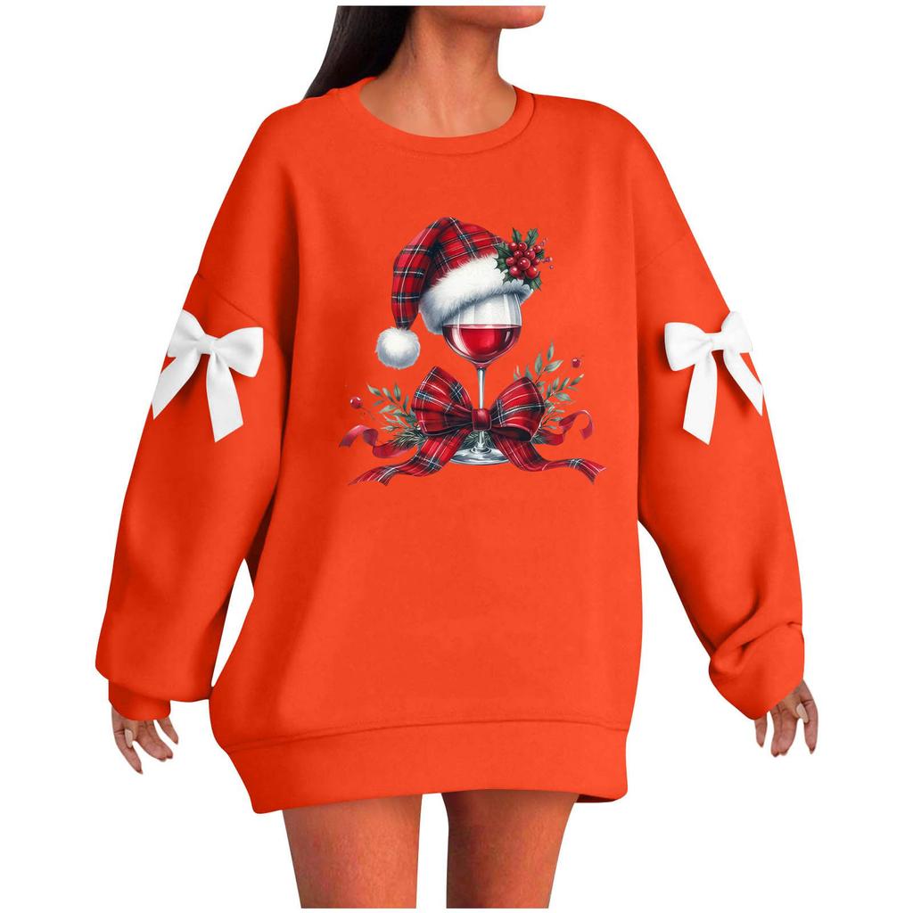 Ladies' Christmas Printed Bow Round Neck Long Sleeved Loose Pullover Sweater Sweatshirt Top